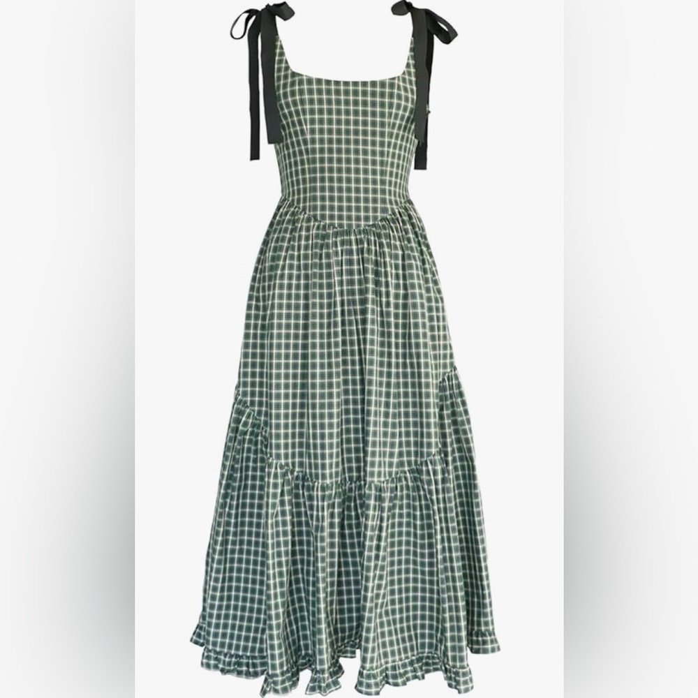 Green Plaid Tie Strap A-Line Summer Midi Dress for sale!